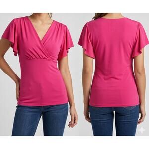 Grace Karin Small Pink V Neck Flutter Sleeve Top Polyester Blend
